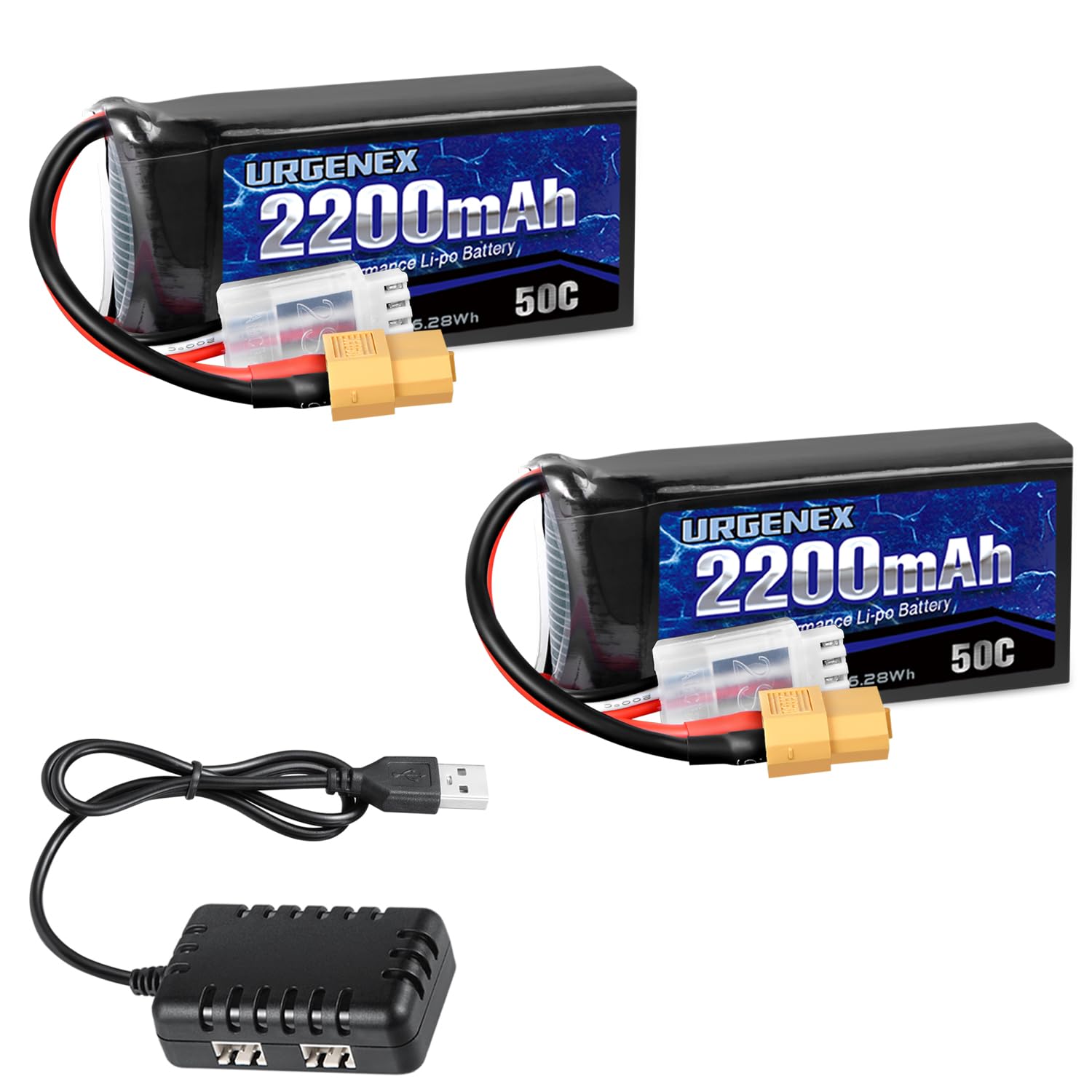 URGENEX 2S Lipo Battery 2200mAh 7.4V RC Battery with XT60 Plug 50C(Burst 80C) High Discharge Rate with Charger Fit for RC Car Truggy Airplane FPV Drone UAV Quadcopter Helicopter Racing Model