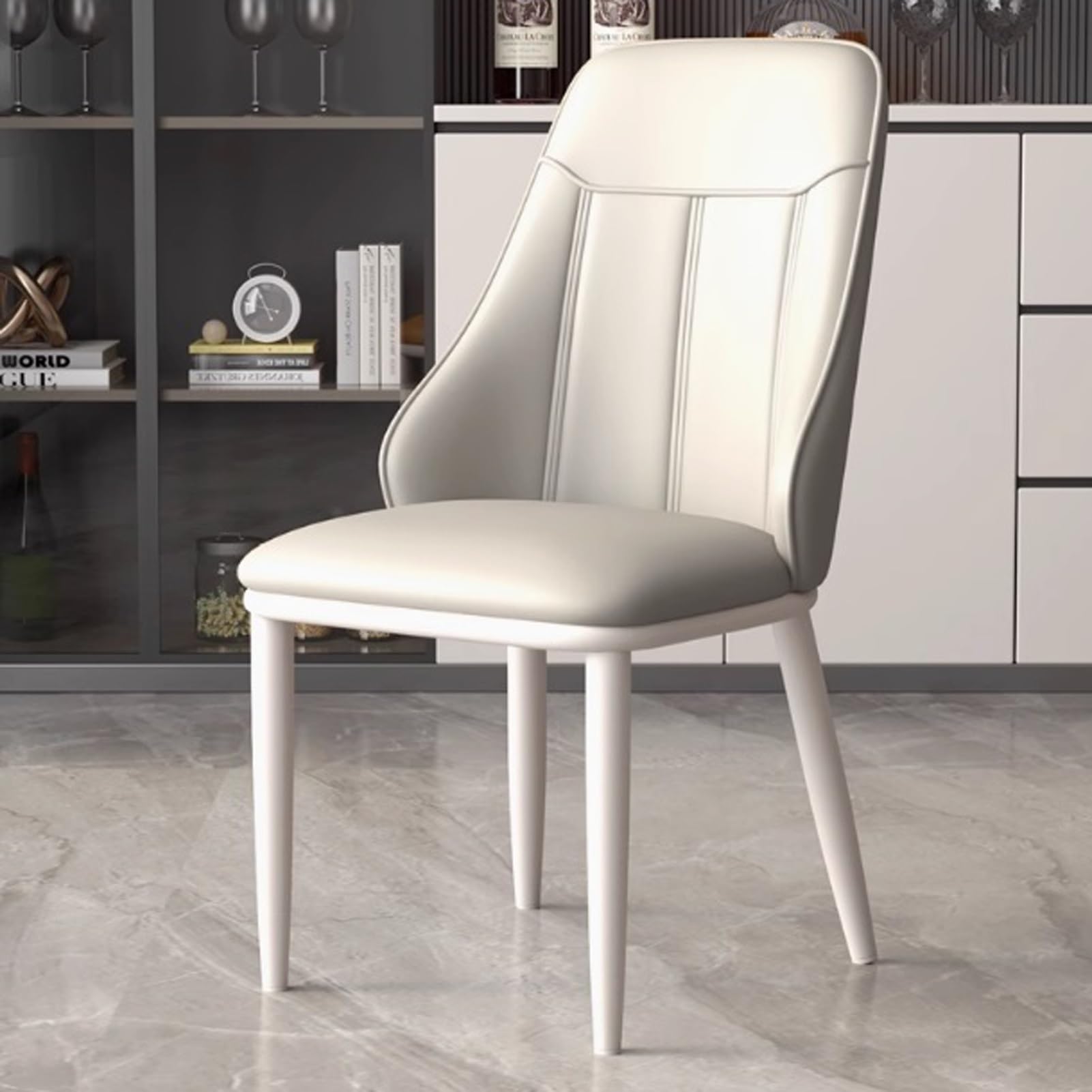 Chaise de salle à manger en cuir microfibre gris clair et pieds blanc nacré