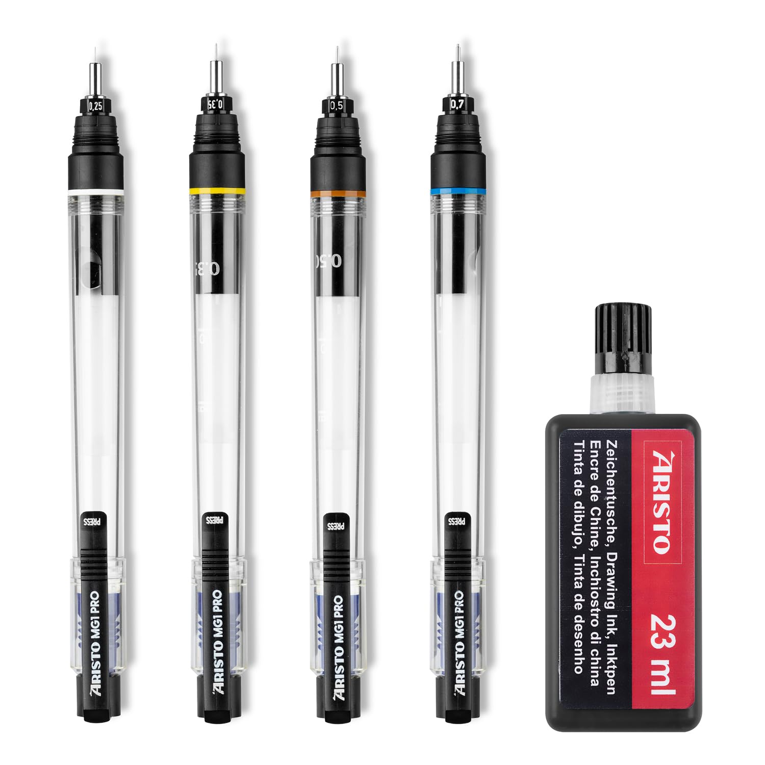 Aristo AH64400 mg1 Pro Basic Lot de 5 stylos à encre de Chine (4 stylos à encre de Chine mg1 Pro, épaisseur de trait 0,25/0,35/0,5/0,7 mm, cartouche de dessin noir)