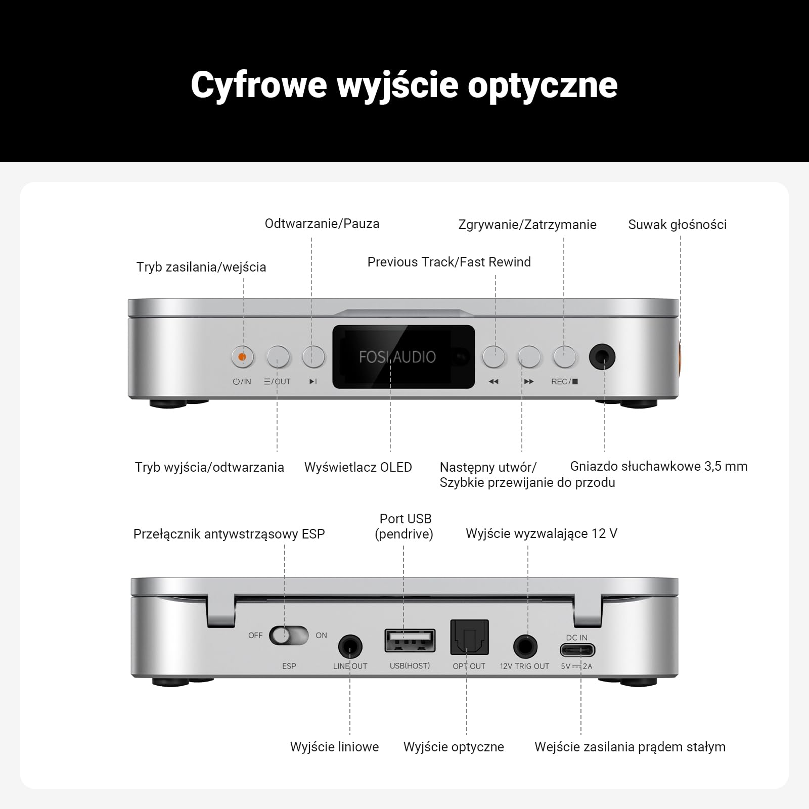 Fosi Audio Merak Odtwarzacz CD Hi-Fi, Stacjonarny Odtwarzacz z DAC CS43131 i Wzmacniaczem TPA6120, Zgrywanie CD na USB, Obsługa CD-R/CD-RW/CDDA, Wyjście Optyczne i Line Out