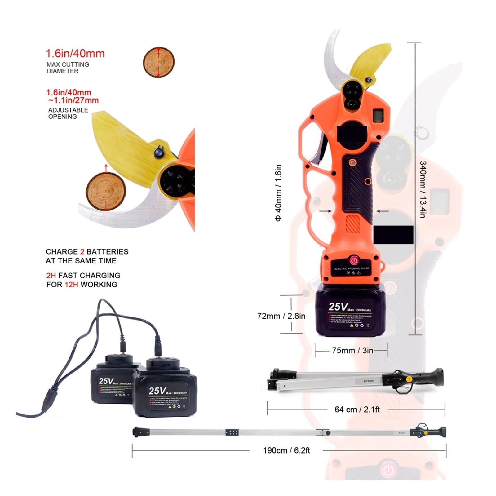 Cesoie Elettriche Da Potatura, Potatore elettrico a batteria Batteria 40mm 25V Cesoia for potatura con asta di estensione Reach 5 pollici Sega a catena elettrica Attrezzi da giardino Taglio Efficiente