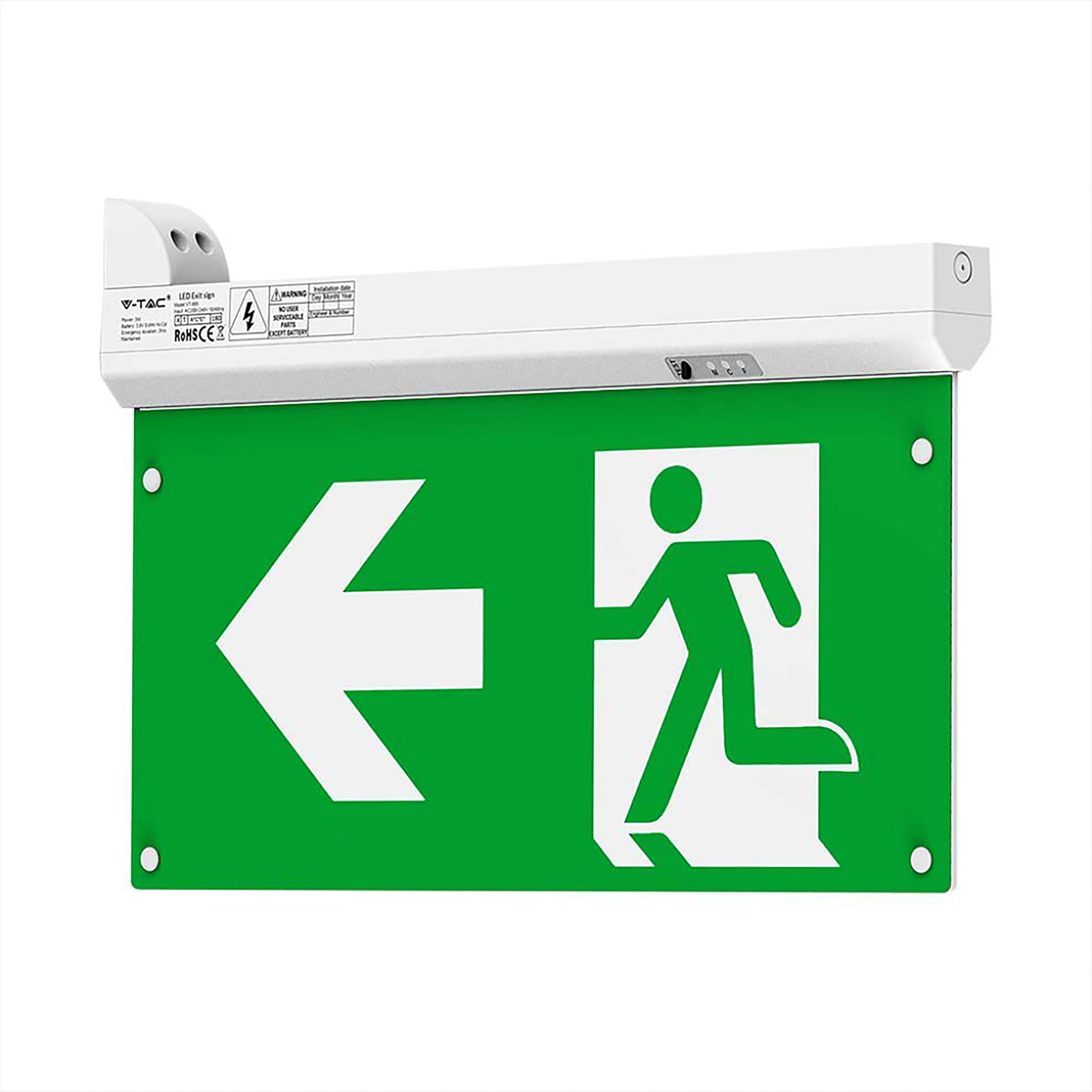 V-TAC Lampada LED Uscita di Emergenza 4 in 1 per Soffitto e Parete - Visibile da 30 Metri - Pulsante di Autotest - Luce LED Uscita di Emergenza e Via di Fuga - Exit - 4 Segnalazioni Incluse - 6000K