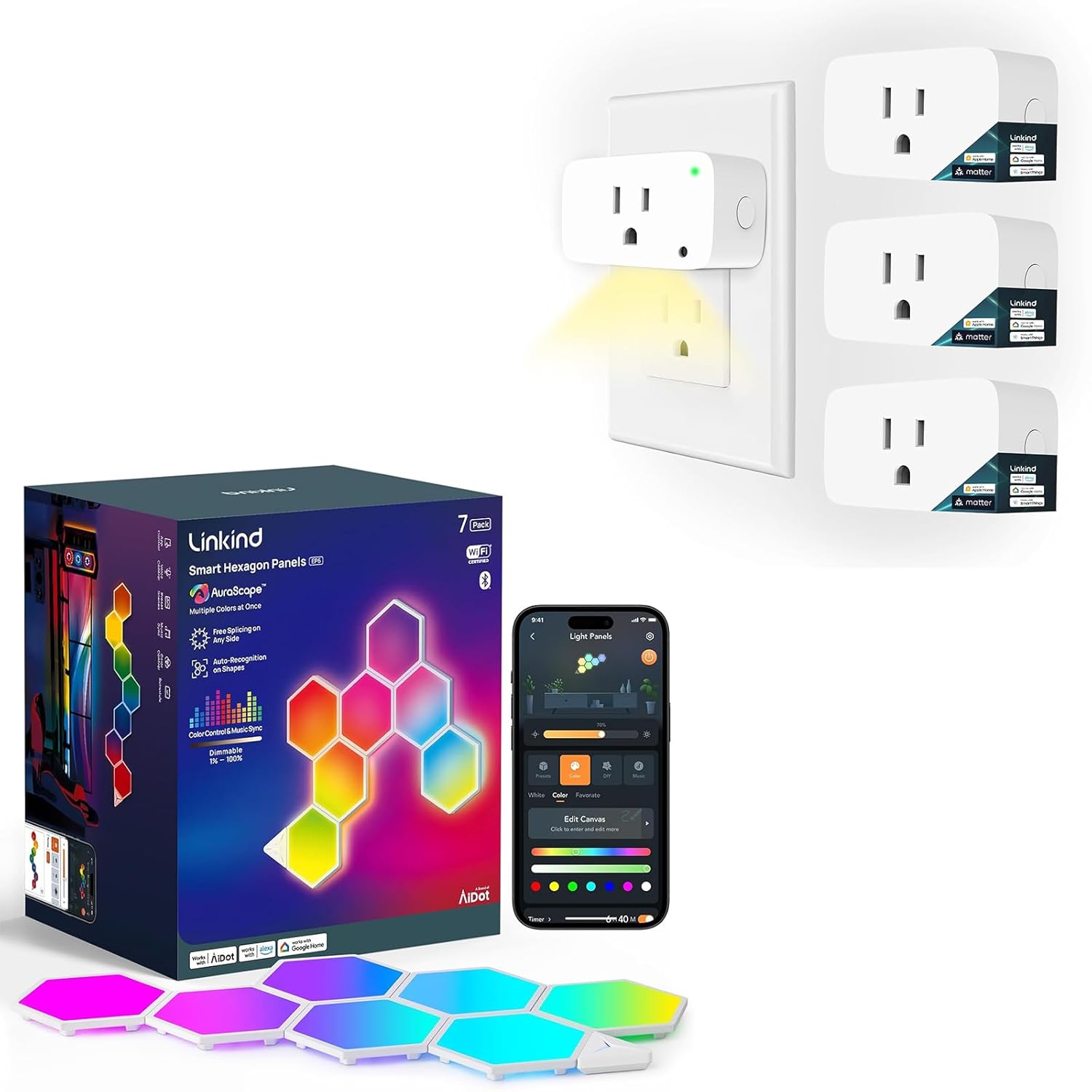 Matter Smart Plug 4 Pack with Light and Smart Hexagon Lights 7 Pack Compatible with Alexa and Google Home