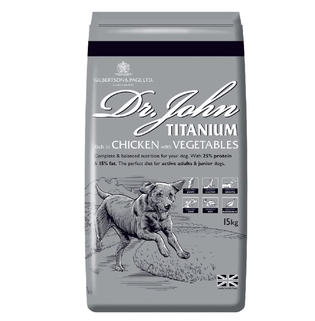 Dr. John Titanium Complete Dry Dog Food 15kg - Chicken, Vegetables and New Zealand Green-Lipped Mussel - Complete Nutrition for Active Adult and Junior Dogs