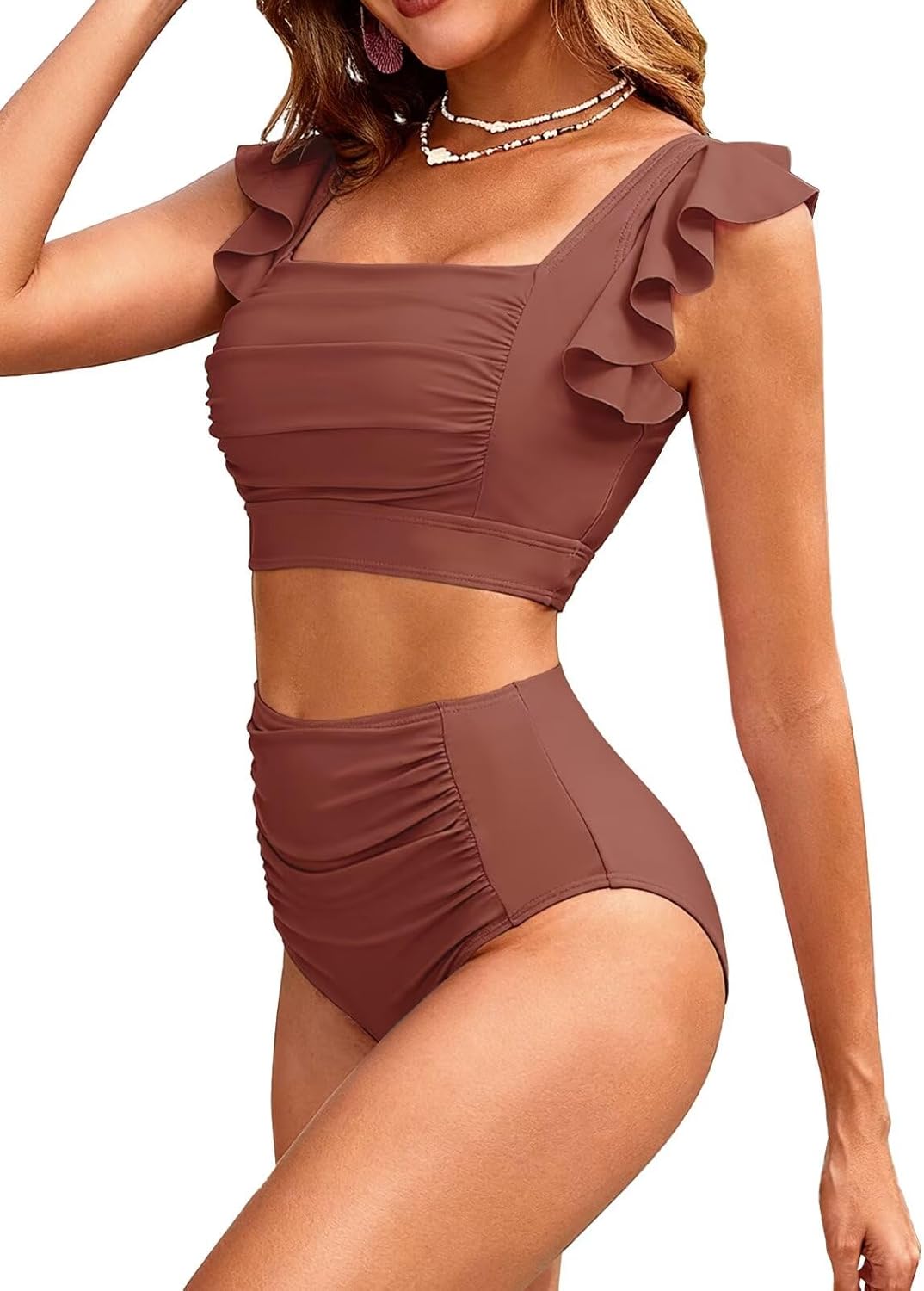 Women High Waisted Bikini Sets Square Neck Swimsuits Ruffle Cheeky Tummy Control Solid Two Piece Bathing Suit