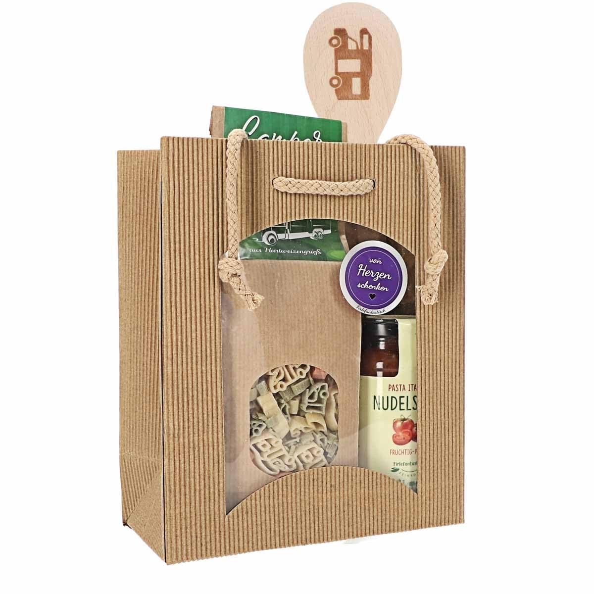 Feinkost Geschenk-Set Wohnmobil – Nudeln in Wohnmobilform 250g, Pasta Sauce 200ml, Mediterrane Gewürze 35g & Kochlöffel mit Gravur – Originelles Camper Geschenk in Tragetasche
