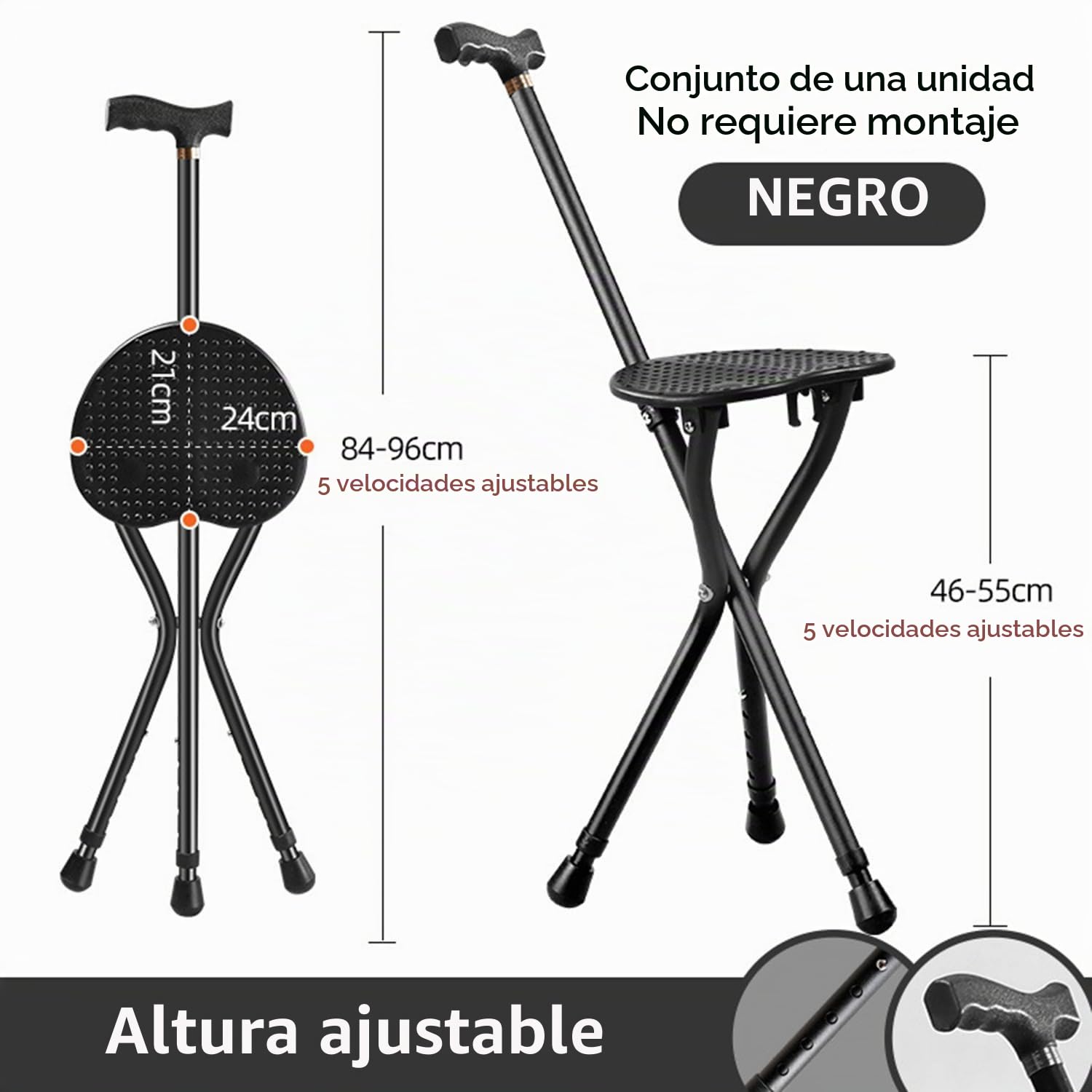 Baston Silla Plegable,Bastón con Asiento Plegable,Bastón Robusto con 3 Patas,Capacidad De Carga De 120 Kg,Cinco Alturas Ajustables,Adecuado para Personas Mayores,Discapacitados y Tumbonas