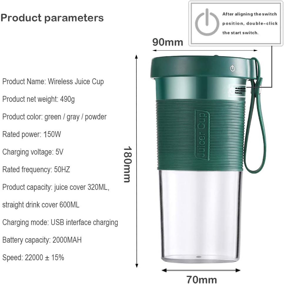 Portable Blender Cordless Personal Fruit Smoothie Juicer Cup 320ml USB Rechargeable Waterproof Mini Juice Mixer Fruit Blender Cup for Home Office Travel Outdoors Sports BPA Free Tritan (Grey)