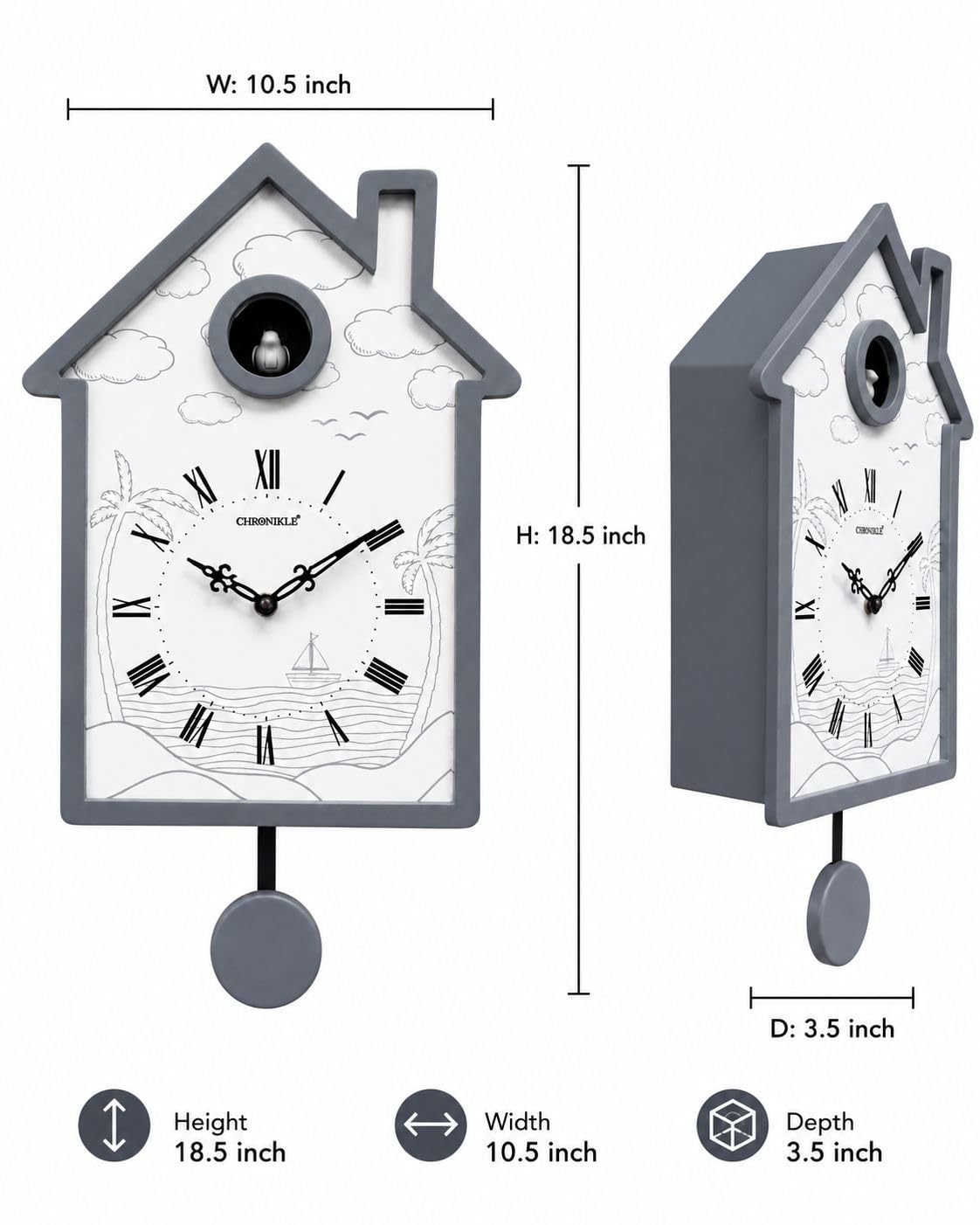 CHRONIKLE Modern Stylish Non Ticking Silent Analog Hut Shape Wooden Cuckoo Wall Clock for Home, Living Room, Bedroom, Office, and Kitchen (White) (18 x 10 Inch : Weight - 2350 Grm) 1