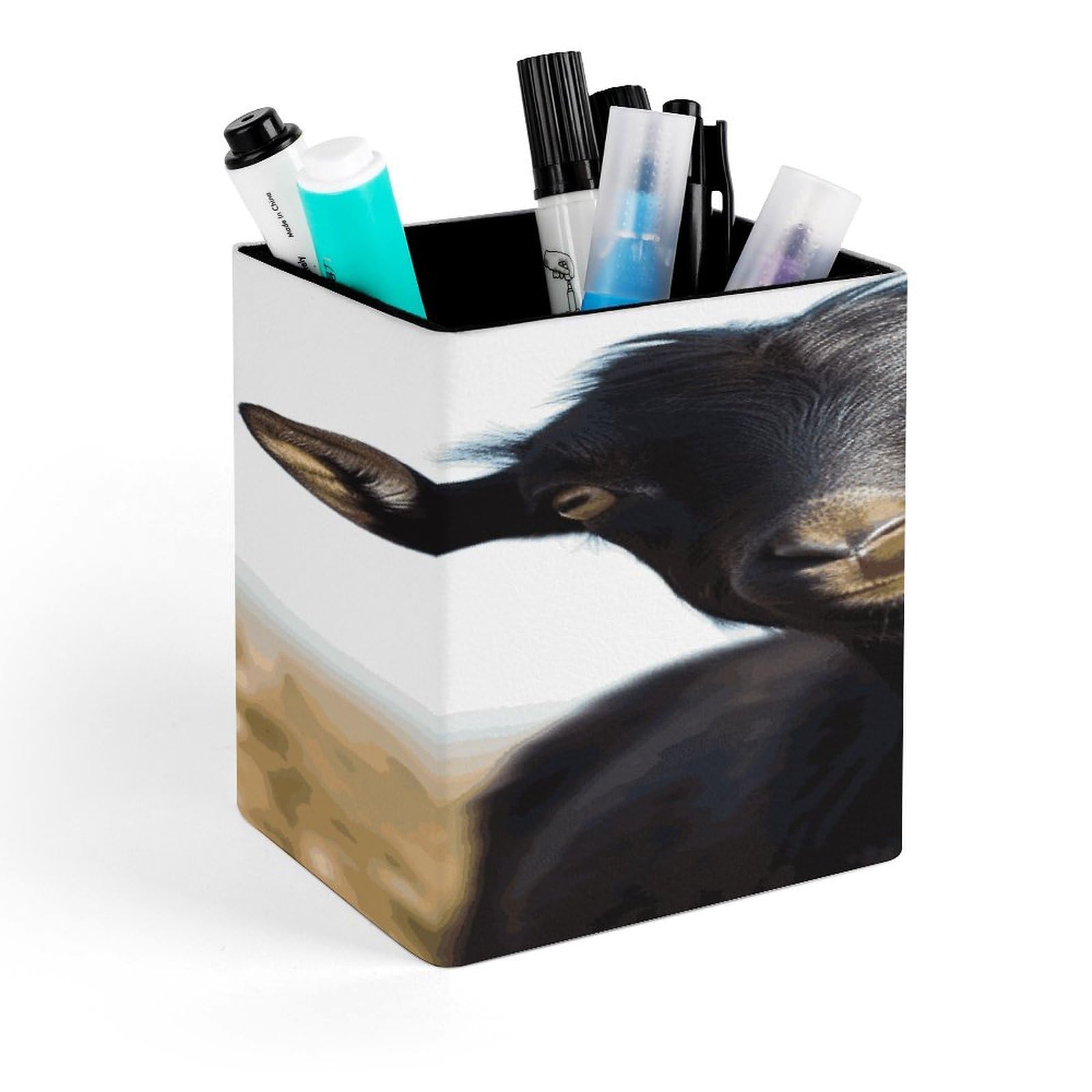 JTREHY - Black Goat Pen Holder Square Design Pencil Holder PU Leather Pencil Holder Stationery Organizer Office Accessories Container Box