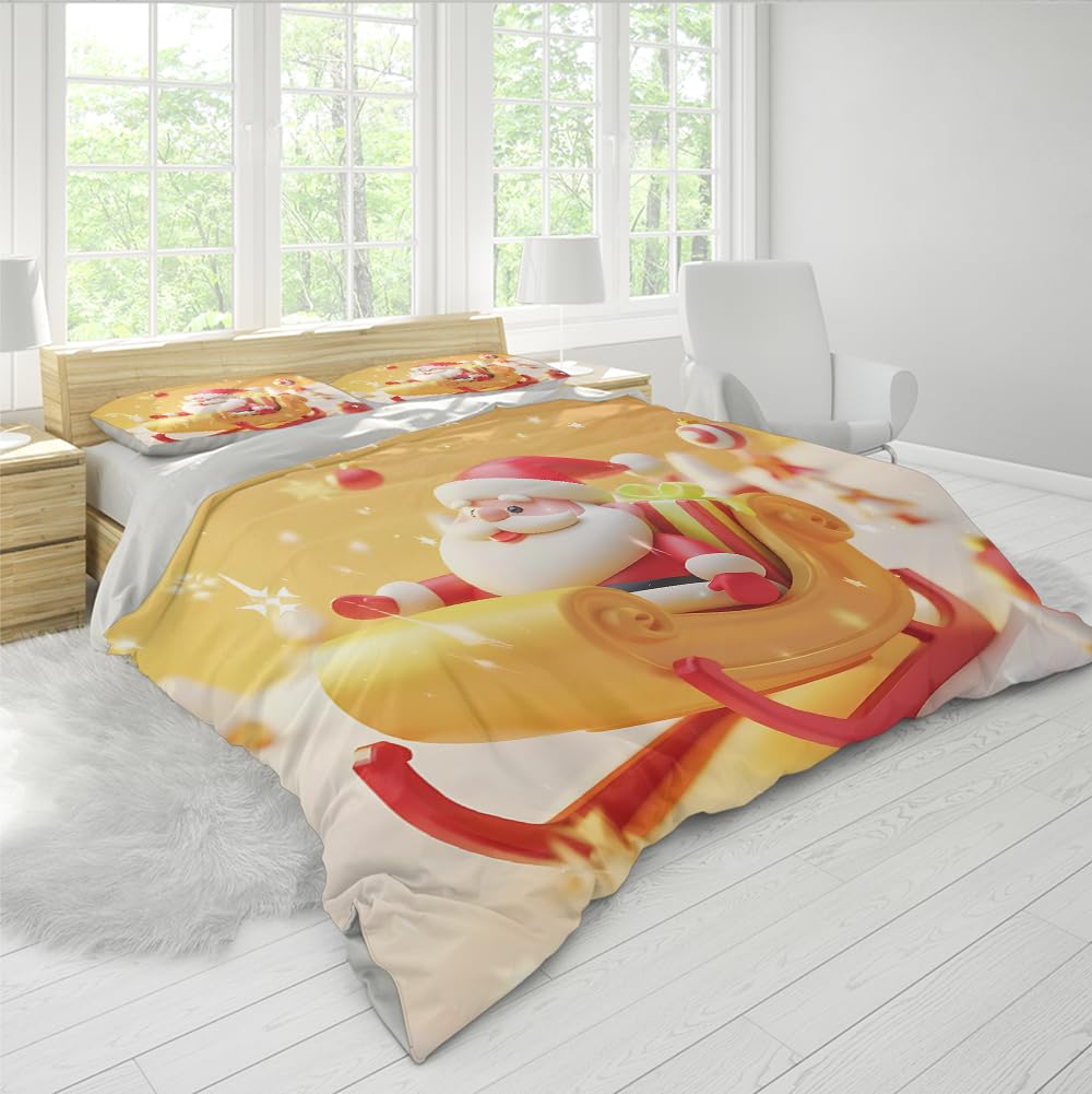 Funda edredón Navidad Santa Claus Pattern Soft Bedding Set Cartoon Theme Yellow Comforter Cover with Zipper para decoración Dormitorio guardería 160x200cm