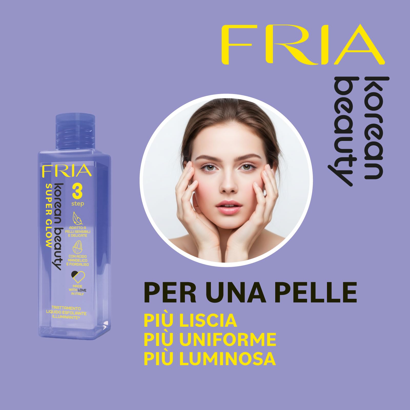 Fria Korean Beauty Trattamento Liquido Esfoliante Illuminante Super Glow, Adatto a Pelli Sensibili e Delicate, Con Acido Mandelico e Fiordaliso, Confezione da 150ml