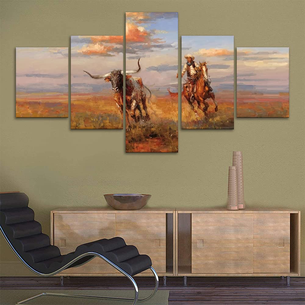 Leinwandgemälde Western Cowboy – 5-teiliges Set, 152x81 Cm, Vintage-Öldruck Auf Holzrahmen