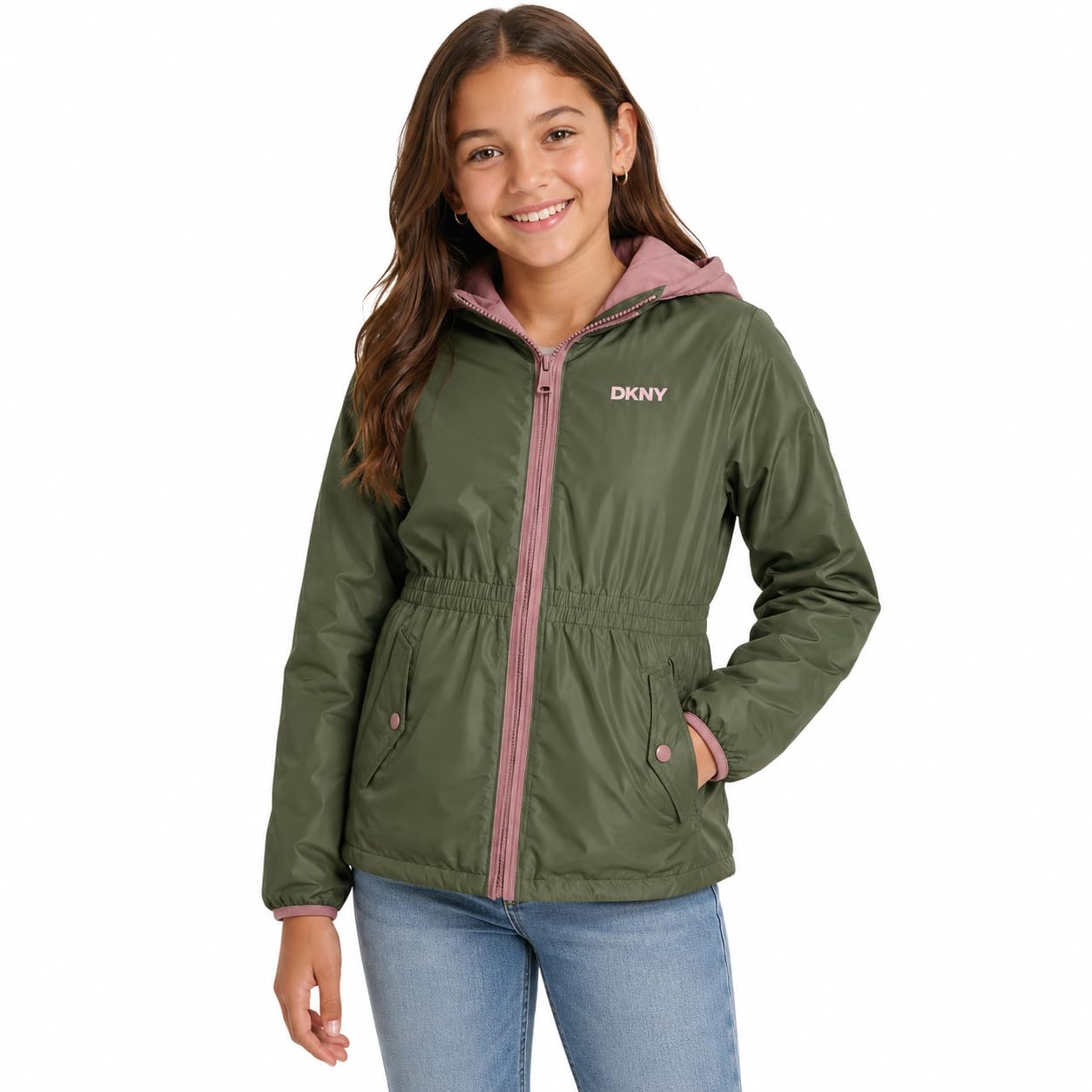 DKNY Girls Midweight Jacket, Anorak Windbreaker, Polar Fleece Lined, Hooded