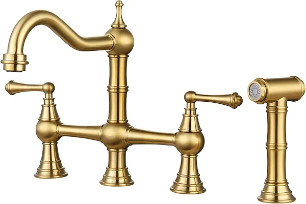 WOWOW Brass Kitchen Faucet Bridge with Side Sprayer, 4 Hole Kitchen Faucet 2 Handle 8 Inch Centerset Gold Faucet for Kitchen Sinks, Heritage Brushed Gold Kitchen Sink Faucet Style A-with sid