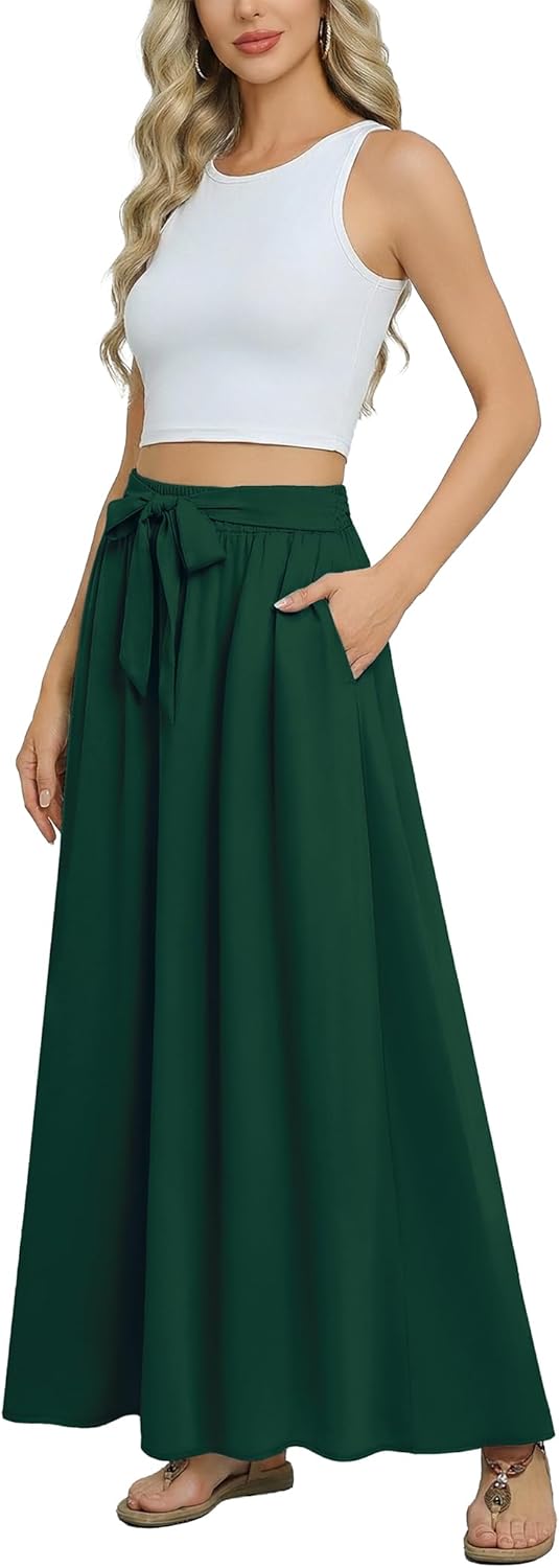 Askyes Womens Maxi Skirt Summer Trendy Tie Knot Elastic High Waisted Boho Casual Beach Flowy Swing Long Skirts with Pockets