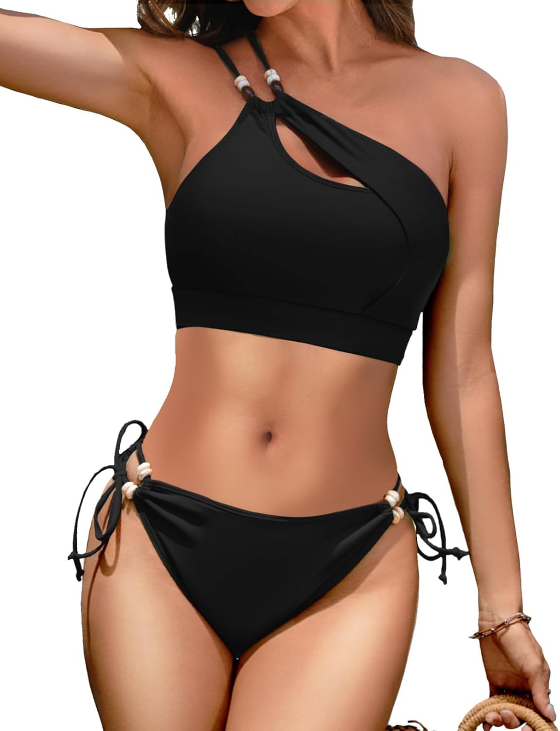 Zeregos Women's One Shoulder Cutout Bikini Set 2 Piece Swimsuit Cheeky Bikini Beads Bathing Suit