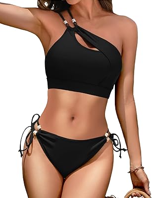 Women's One Shoulder Cutout Bikini Set 2 Piece Swimsuit Cheeky Bikini Beads Bathing Suit
