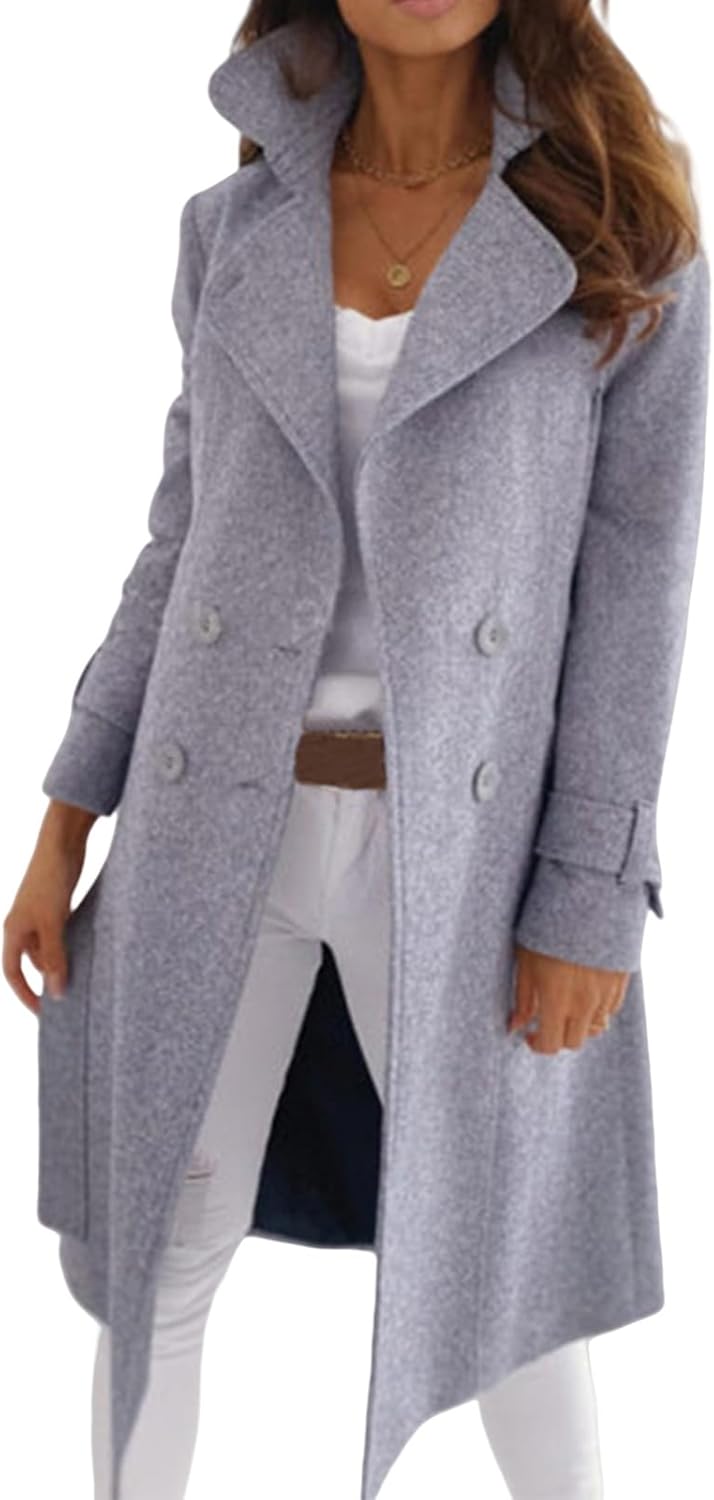 Mmoneyake Women's Winter Wool Coat Mid Long Pea Trench Coat Notch Lapel Double Breasted Peacoat Fall Lapel Jacket Outwear