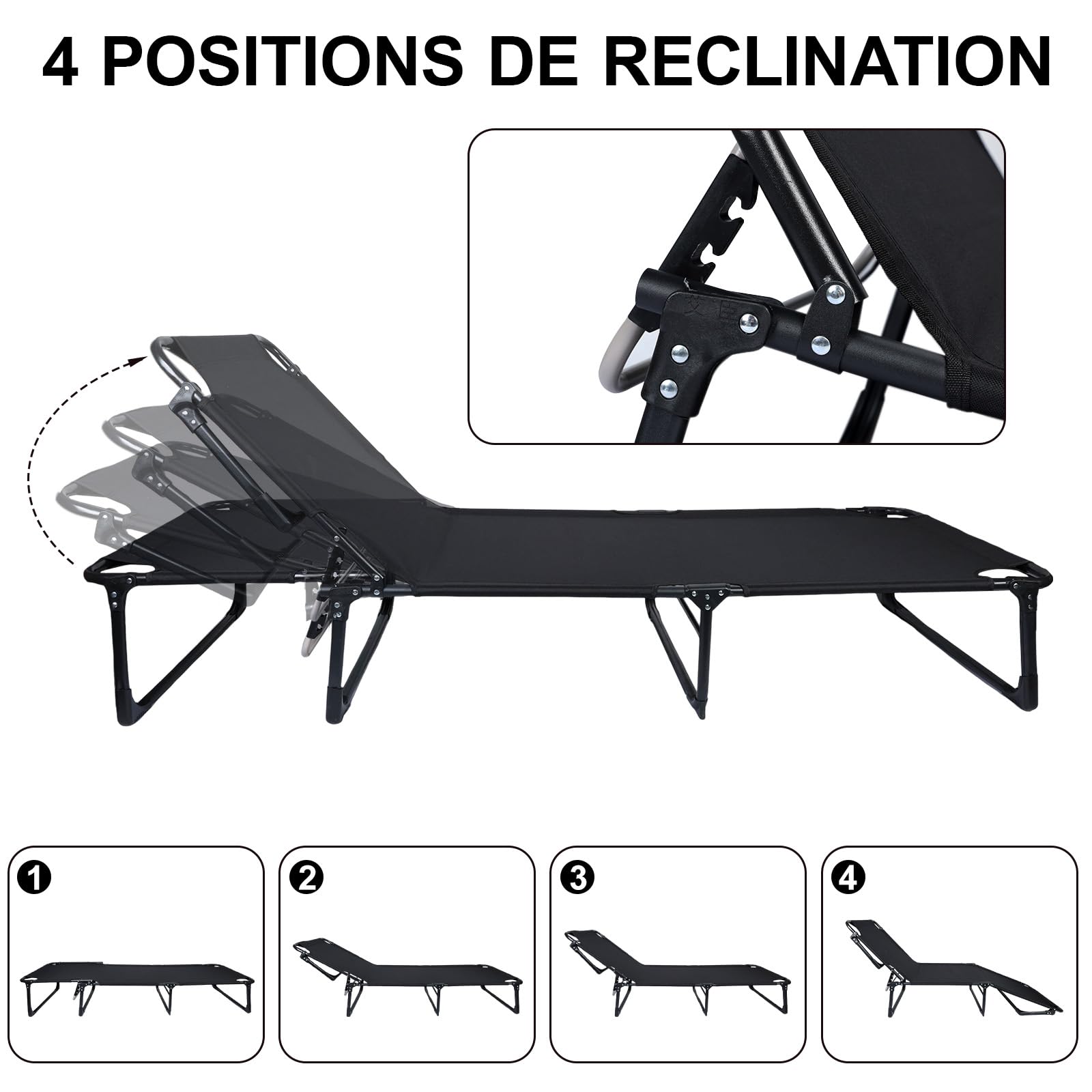 Générique Lit de Camp Pliable, Chaise Longue Pliante Réglable avec Coussin, 4 Positions pour Adultes, Bedchair Portable, Matelas Pliable pour Bureau, Piscine, Plage
