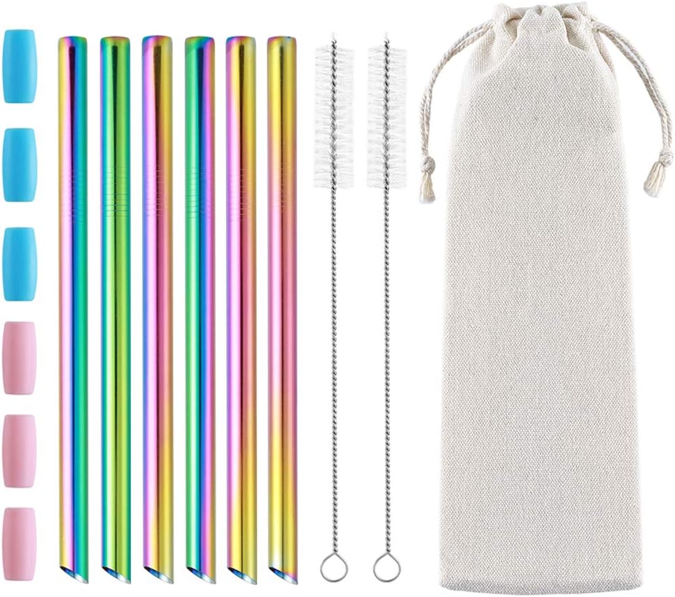 6 Pcs Rainbow Reusable Boba Straws, 0.5" Wide Stainless Steel Straws with Angled Tips & Cleaning Brush