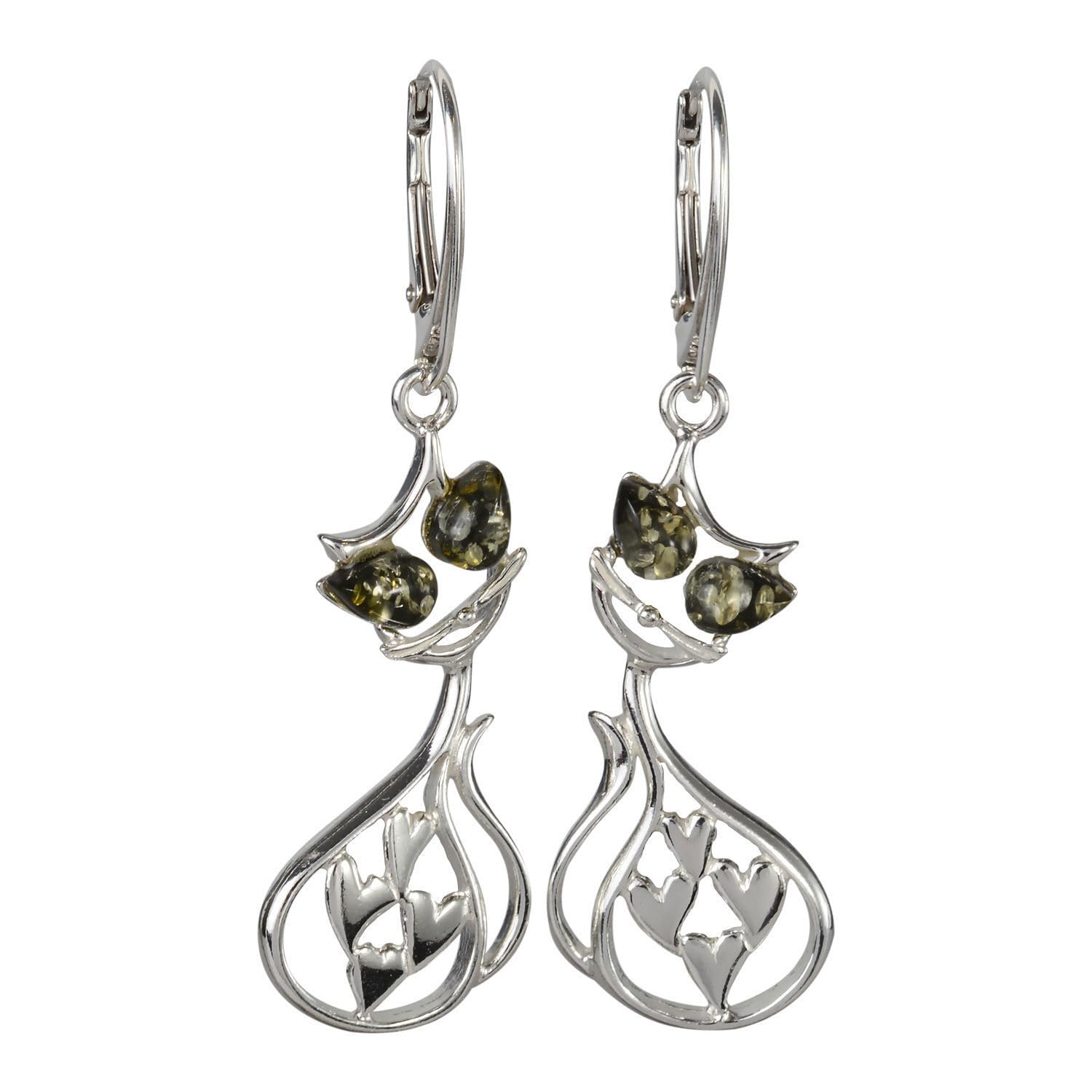 Aretes de plata esterlina 925 y ámbar báltico verde con forma de gato 8