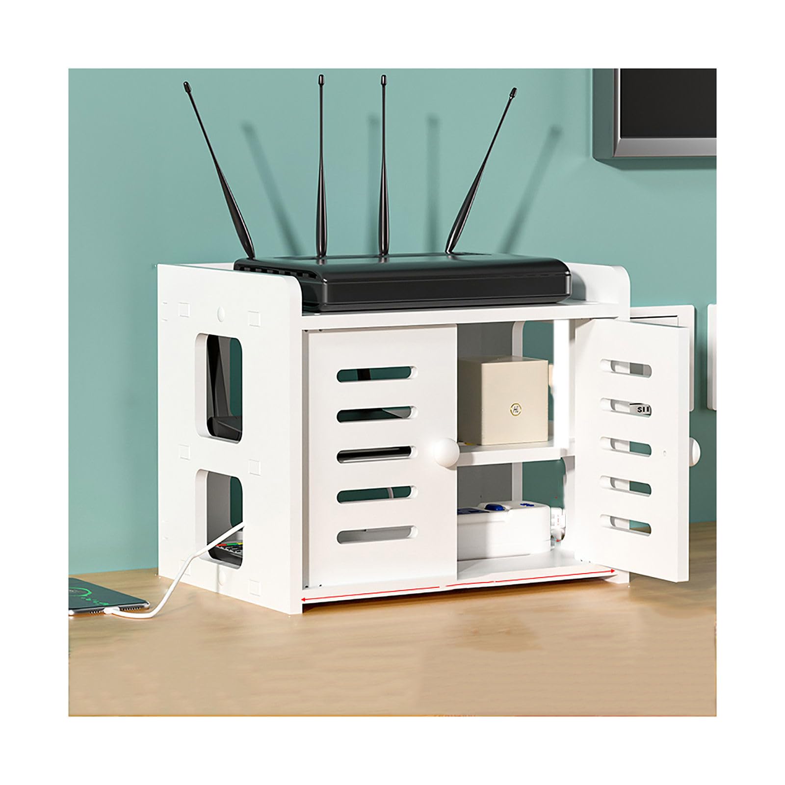 Mueble para router WiFi y gestión de cables con puerta para proteger regletas eléctricas