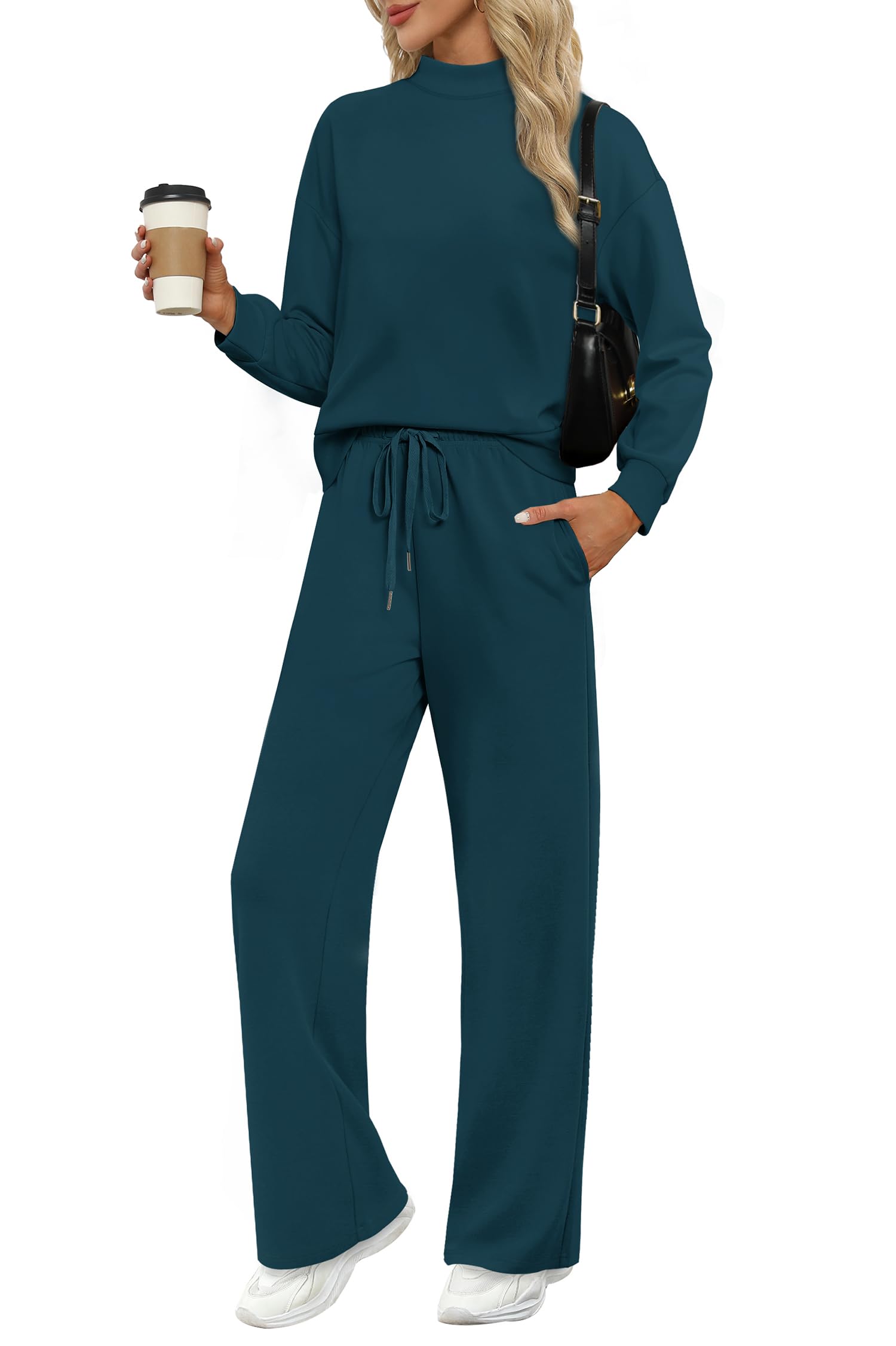 WIHOLL Two Piece Sets for Women Fall Outfits Lounge Sets Mock Neck Tops Wide Leg Pants Vacation Travel Airport Outfits