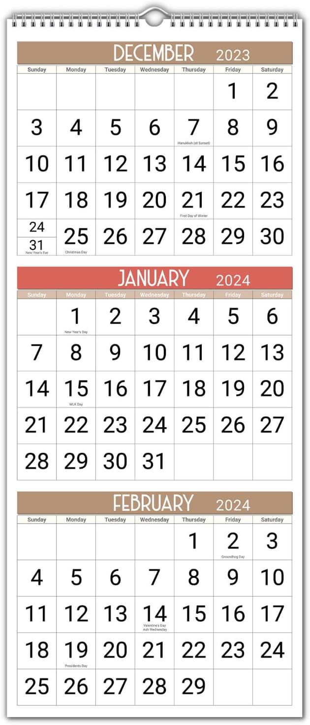 CRANBURY 3-Month Wall Calendar 2024 - (Deco), 11x26" Three Month View 2024 Wall Calendar, 3-Month View, Tri Monthly Vertical Wall Calendar 2024, Ships Folded