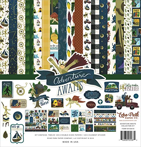 Echo Park Paper Company Adventure Awaits Collection Kit paper, blue, green, tan, red, gold