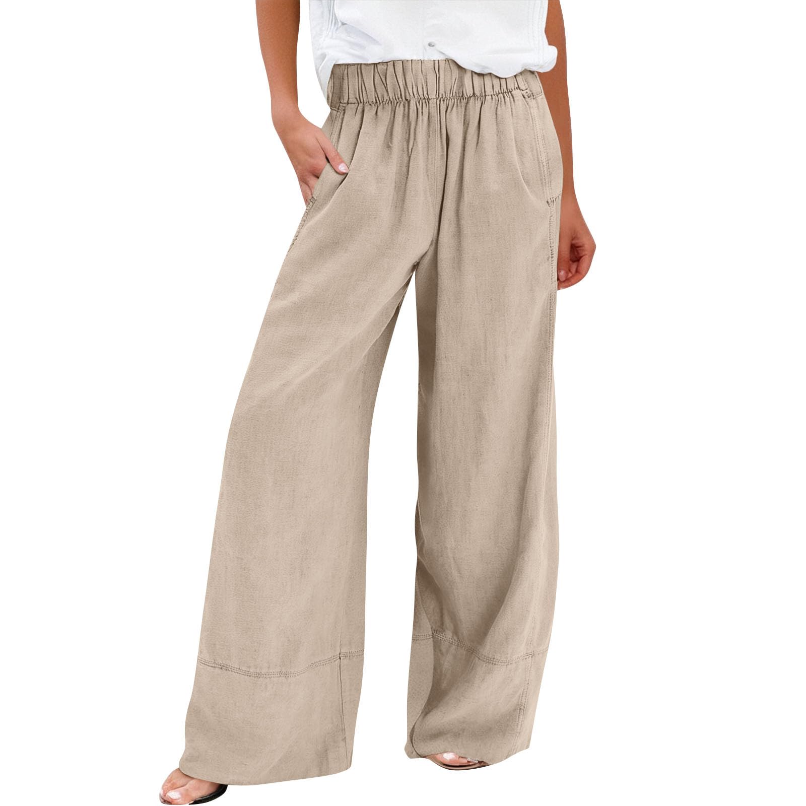 Linen Pants for Women Elastic Waist Baggy Dressy Palazzo Office Pants Flowy Lightweight Wide Leg Trousers with Pockets Loose Comfort Gauze Vacation Beach Pant Plus Size Teacher Summer Work Pant
