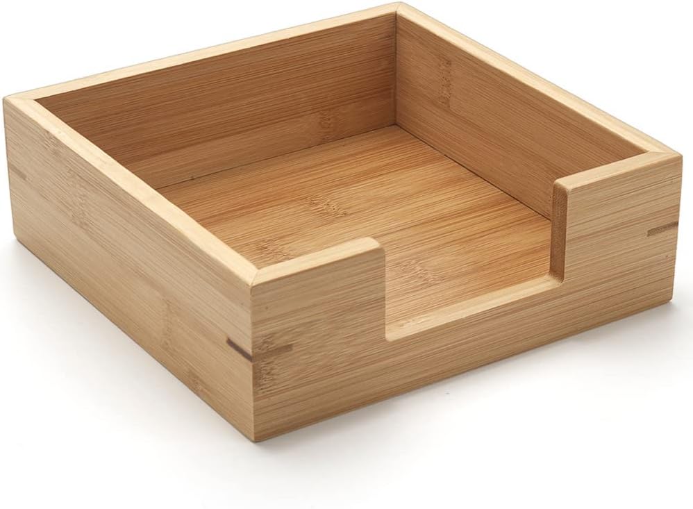 Bamboo Napkin Holder Square, 7.5" x 7.5" x 2.5", Wood Napkin Tray, Wooden Luncheon Napkin Holder for Kitchen Table Countertop