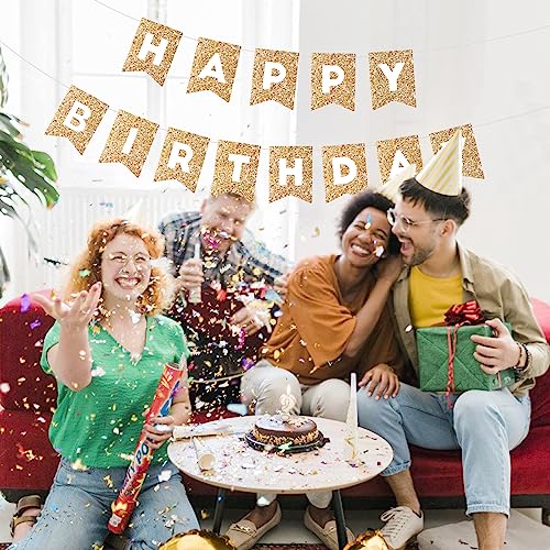 Image of Hooqict Gold Happy Birthday Banner Sign for Backdrop Gold Happy Birthday Decorations for Women Men Kids 1st 2nd 3rd Party Supplies Wall Door Banner Garland Bunting Flag