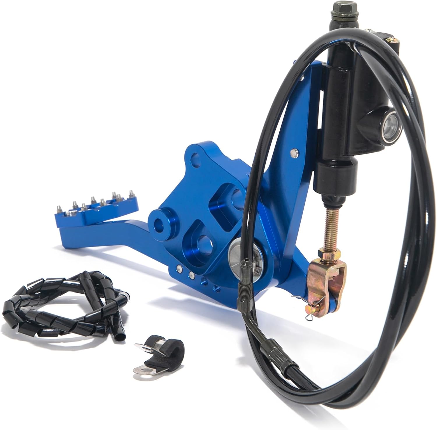 TOFR Aluminum Hydraulic Rear Foot Brake assembly, blue, shown from the front with all components.