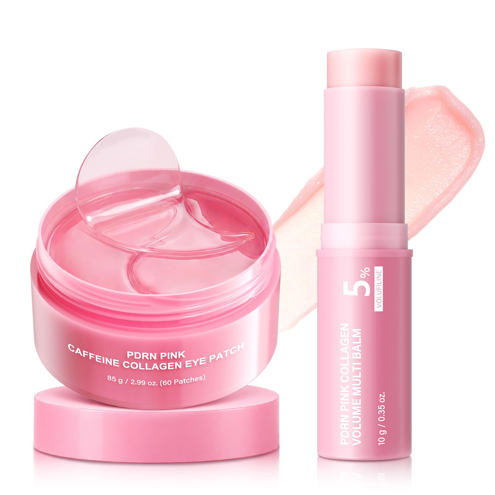 PDRN Collagen Stick & Eye Patches: Volufiline & Caffeine Hydrating for Dark Circles Puffiness Fine Lines Under Makeup for Eyes Face Neck Women's Eye Care 0.32 oz Balm + 60 Patches