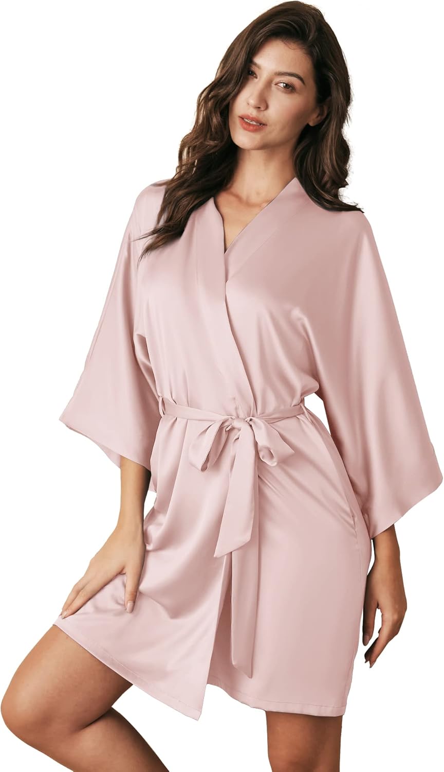 AW BRIDAL Silk Robes for Women, Short Bridesmaid Robes for Bridal Wedding Party, Bride Satin Bathrobe with Long Sleeve