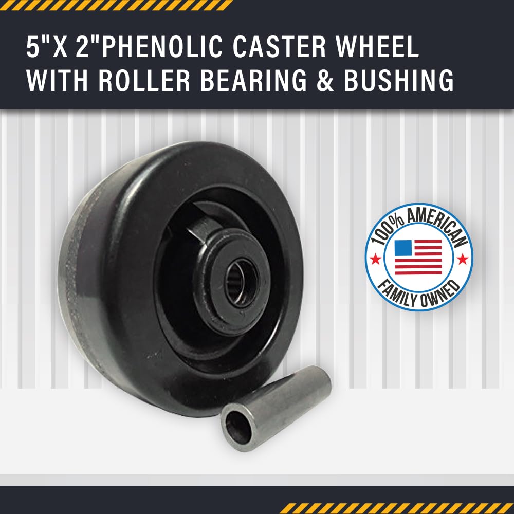 5"" x2 Phenolic Caster Wheel with Roller Bearing & Free 1/2"" Bushing, Support 1,000 lbs, Perfect for Industrial & Institutional Industries, DYI Projects (2)