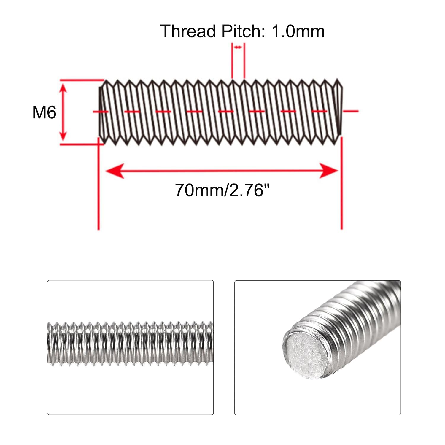 HiPicco M6 x 70mm Fully Threaded Rod & Studs, 304 Stainless Steel Right Hand Threads Rods, M6-1 Thread Pitch for Anchor Bolts, Clamps, Hangers and U-Bolts 10pcs - Image 2