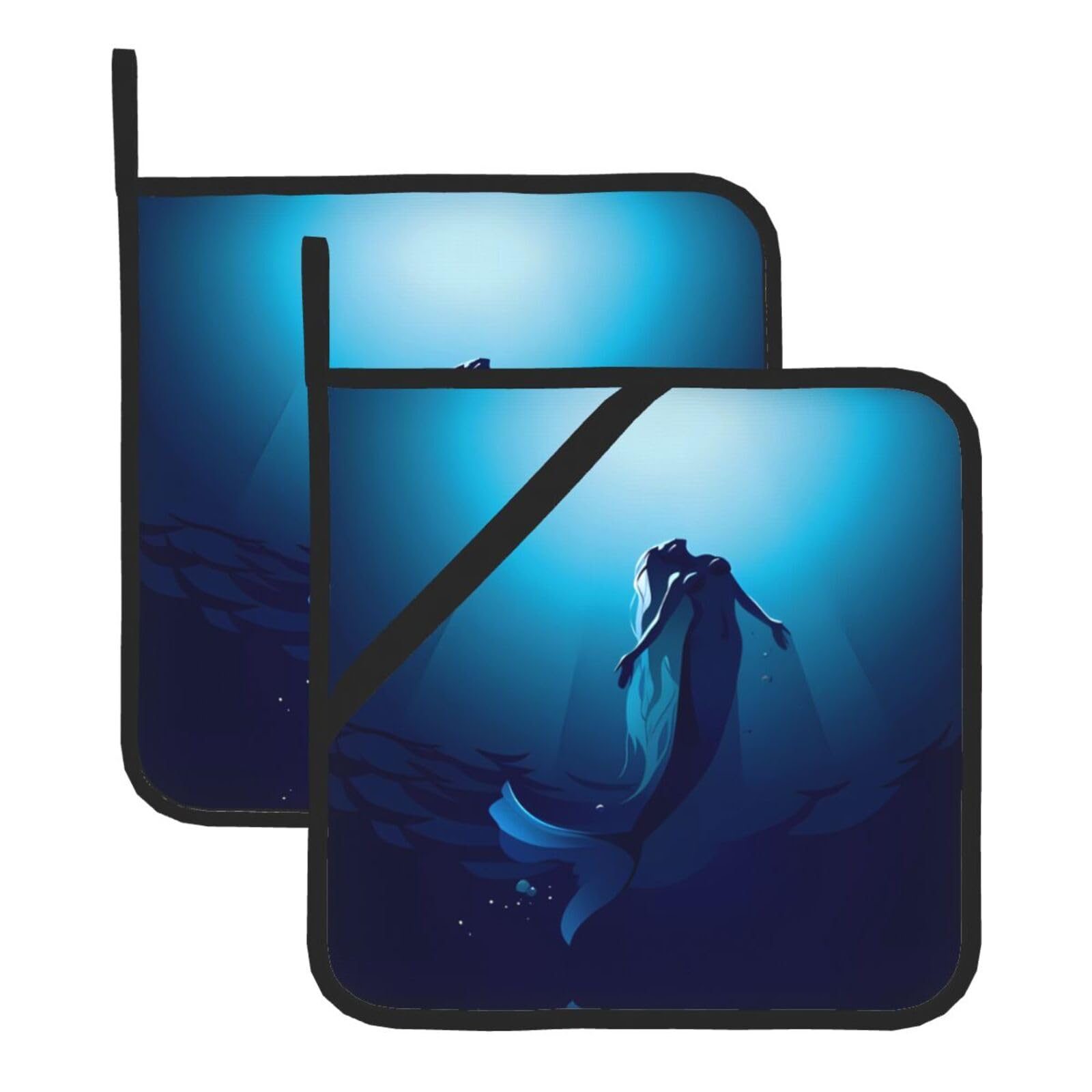 WHJDPP Blue Mermaid Prints Square Hot Pads for Kitchen - Waterproof Pot Holders Set of 2, Durable Trivets with Pocket & Hanging Loop for Hot Dishes & Oven Use