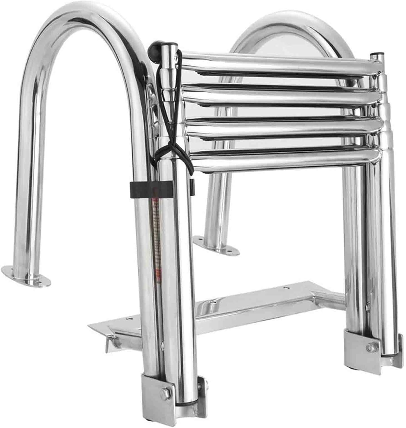 4 Step Pontoon Boat Ladder - Foldable Stainless Steel Marine Telescoping Ladder, Heavy Duty Swim Deck Dock Ladders with Pedal Hand Railing (Silver)