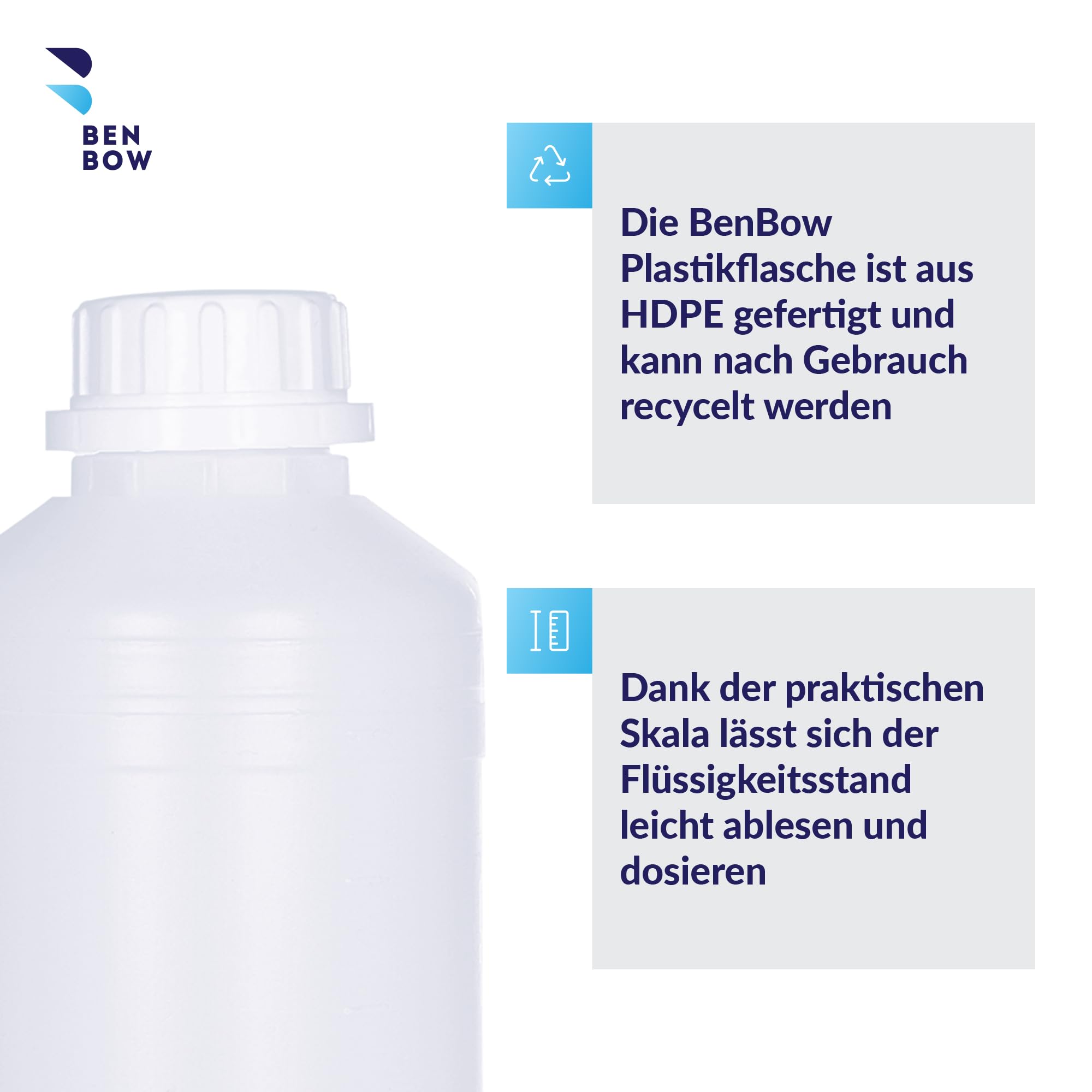 BENBOW Botella de plástico HDPE de 50x 1000 ml con cierre de rosca y escala para el almacenamiento seguro de líquidos y productos químicos - ideal para hogar laboratorio e industria Aceite y pegamento