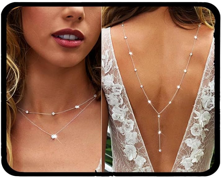 Tgirls Dainty Crystal Body Chain Sexy Backdrop Necklace Silver Body Chains Wedding Rhinestone Back Necklace for Women