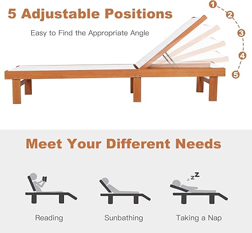 Miniatura 6 de Tangkula - Tumbona de madera para exteriores, con respaldo ajustable, de madera de eucalipto con tejido transpirable para terraza y jardín.