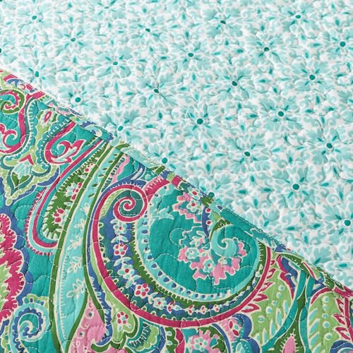 NEWLAKE Cotton Bedspread Quilt Sets-Reversible Patchwork Coverlet Set, European Teal Floral Pattern, California King Size