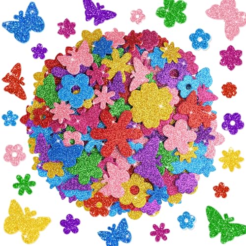 512 PCS Glitter Foam Stickers Colorful Flower & Butterfly Shapes Foam Stickers Self Adhesive Sparkly DIY Craft for Scrapbooking Greeting Cards Party Home Decor & School Projects Supplies(8 Colors)