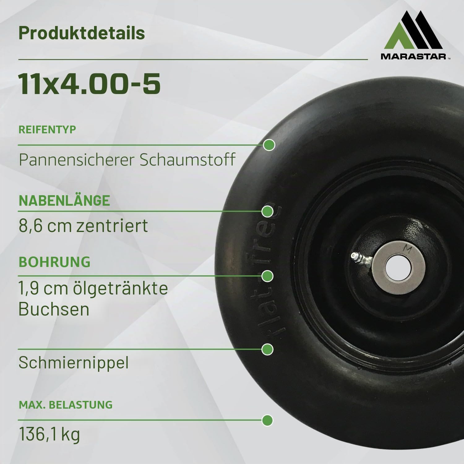 MARASTAR 00232 Universal Fit Flat-Free 11x4.00-5 Reifen und Radmontage, Zero Turn Rasenmäher Ersatzreifen, glatte Lauffläche, Adapter-Kit im Lieferumfang enthalten