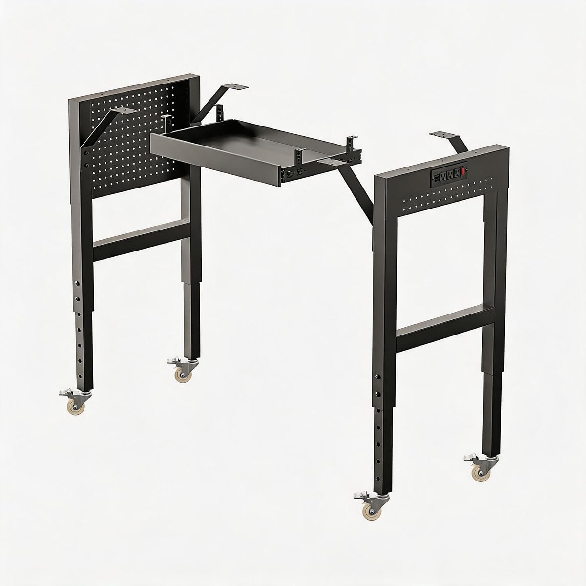 Heavy Duty Workbench Legs, 1500 LBS Load Metal Standing Desk Legs Height Adjustable 27.5“ to 40.5”, Features Lockable Wheels, Power Outlets, Pegboard and Drawers for Workshop, Office, Garage, Home