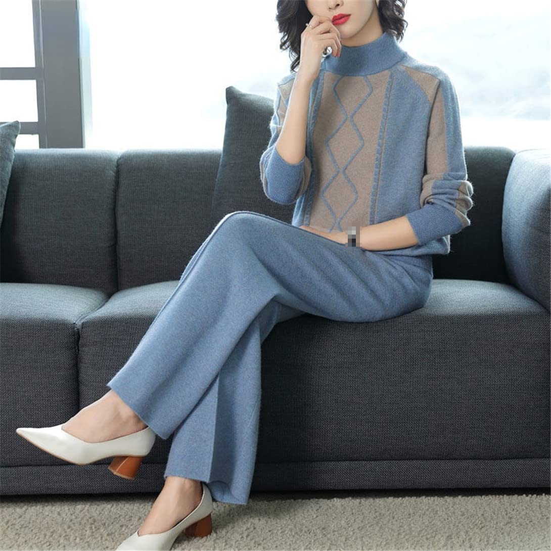 Ensemble pull en tricot bleu deux pièces tendance chaud à col roulé et pantalon à jambes larges pour automne décontracté, bleu, XL