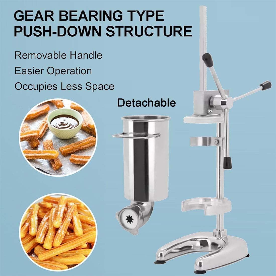 Máquina manual de churros de acero inoxidable con 5 boquillas, máquina vertical española para uso comercial, capacidad de masa de 3 litros