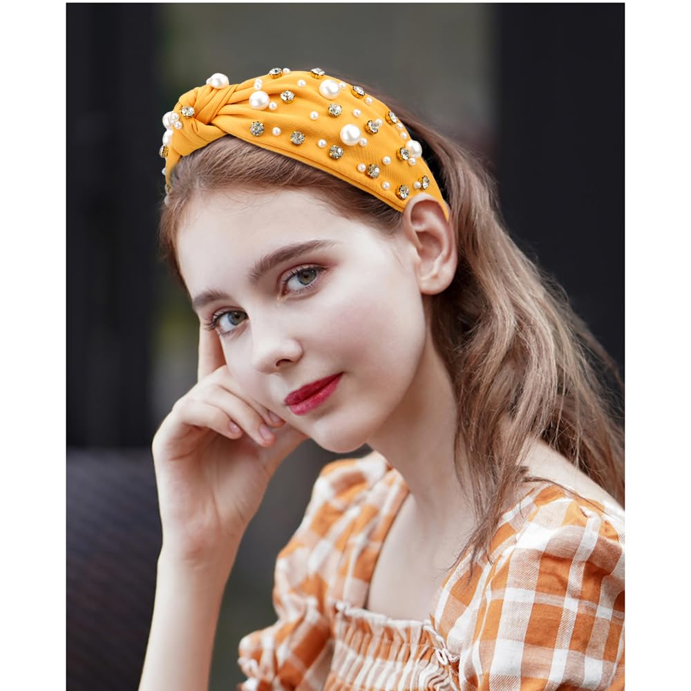 Yellow Mustard Teardrop Marquise Stone Embellished Knot Burnout Headband Super Elegant Embellished Hairpin to Enhance your Casual or  main image 3